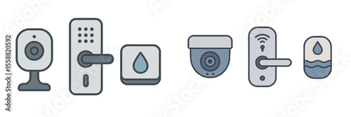 Various smart home devices with cameras and door locks displayed in a sleek, modern style for home security solutions