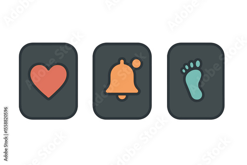 Icons representing love, notifications, and footsteps displayed on a minimalist interface backdrop