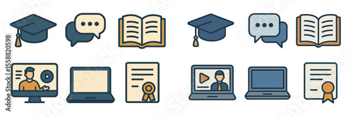 Educational icons representing online learning, communication, and certification in a digital context