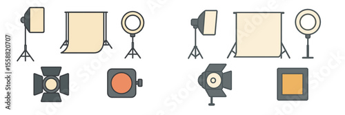 Collection of photography studio equipment including lights, backdrops, and accessories for professional shoots