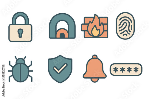 Security icons representing safety, privacy, and technology concepts with lock, fingerprint, and alarm symbols