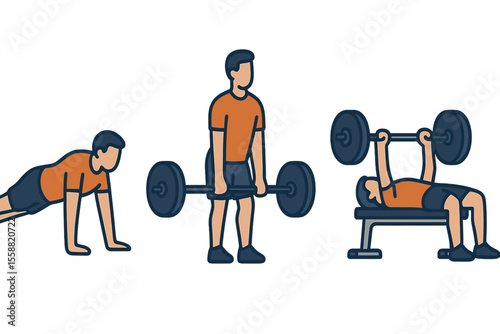 Three fitness activities showcasing strength training, bodyweight exercises, and weightlifting techniques for building muscle