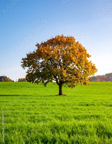 Lonely tree standing in green field during autumn