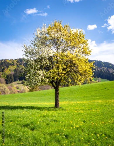 Blooming tree standing in green meadow under blue sky