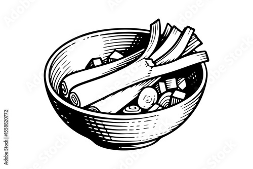 Leek leaves vector engraving style illustration