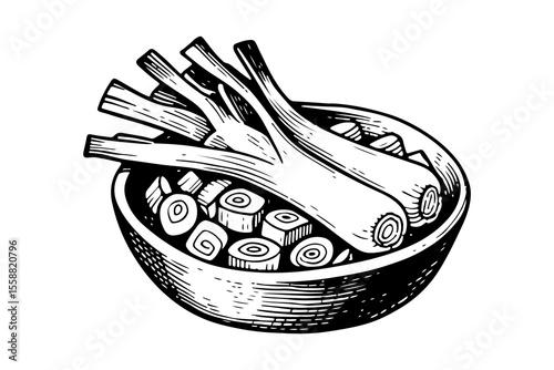 Leek leaves vector engraving style illustration
