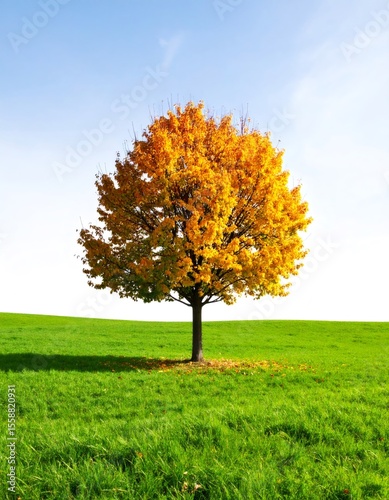 Lonely tree showing autumn colors in green field under blue sky