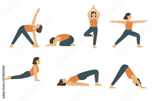 Multiple yoga poses demonstrated by a woman in a serene exercise environment showing flexibility and strength