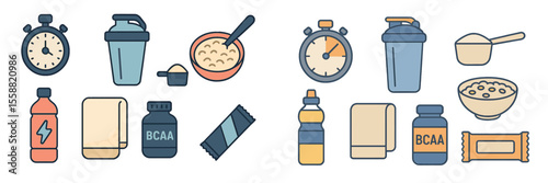 Fitness preparation essentials including supplements, timing tools, and post-workout snacks in a gym setting