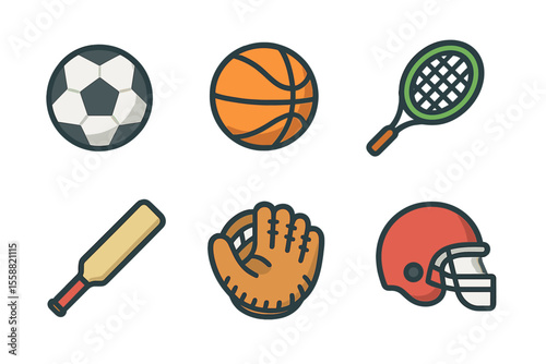Collection of sports equipment icons featuring soccer, basketball, tennis, baseball, and football gear for various activities