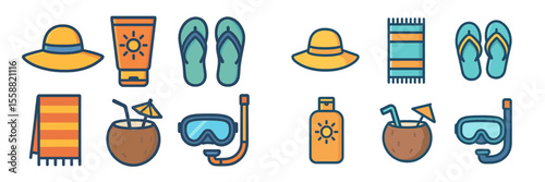 Sunbathing essentials with hats, sunscreen, and beach gear for a relaxing day by the water