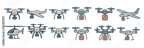 Illustration of various types of drones including quadcopters, fixed-wing drones, and helicopters for aerial photography