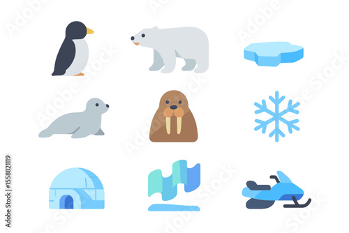 Colorful illustrations of various Arctic animals and elements depicting a winter landscape and cold environment