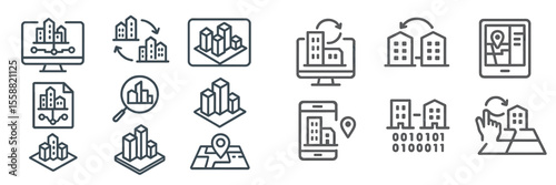 Illustrations depicting urban planning concepts and real estate development activities in a digital environment