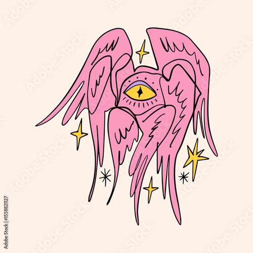 Bible cartoon pink accurate angel hand-drawn doodle psychedelic illustration with many eyes isolated clipart on white background. Perfect for tattoo or sticker or t shirt print and more. Be not afraid
