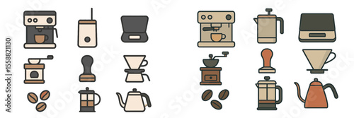 Coffee brewing equipment and tools arranged in a flat lay composition showcasing various methods and devices