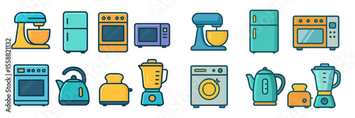 Colorful kitchen appliances arranged in a modern style showcasing a variety of utensils and devices