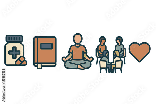 Wellness strategies for mental health, including meditation, group therapy, and self-care practices
