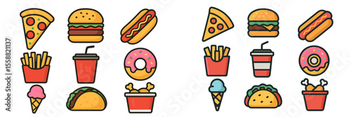 Collection of popular fast food items including burgers, pizzas, and donuts displayed on a colorful backdrop