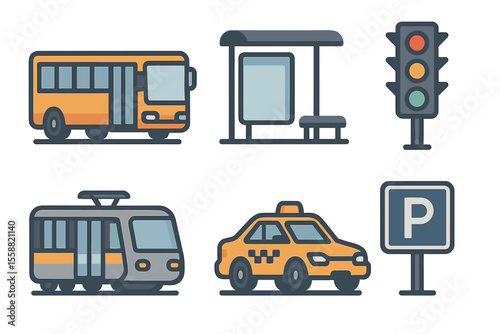 Public transportation icons including bus, tram, taxi, and traffic signals in a simple design style