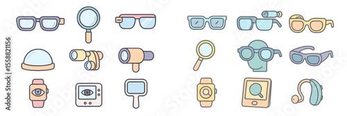 Various eyewear and optical devices displayed in a colorful arrangement on a light surface