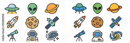 Creative illustration of space-themed icons featuring aliens, planets, rockets, and telescopes in vibrant styles
