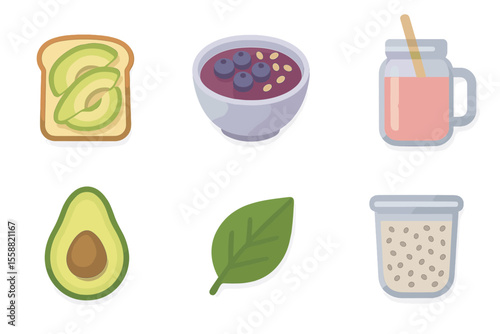 Colorful assortment of healthy foods with avocado toast and smoothie in a bright display of nutritious ingredients