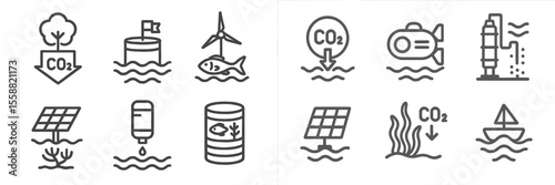 Symbols representing environmental sustainability, renewable energy, and ocean conservation efforts in a visual display