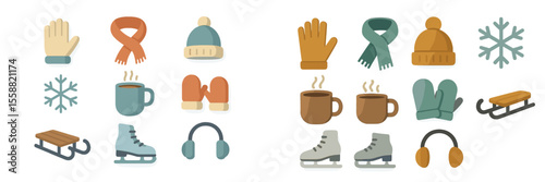 Winter accessories and activities represent cozy season essentials for cold weather enjoyment and fun