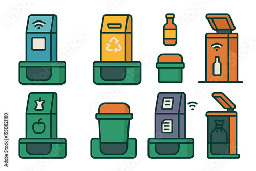 Collection of colorful recycling and waste bins in various shapes located in an urban environment promoting responsible disposal habits