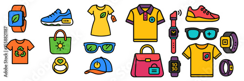 Sustainable fashion accessories and activewear displayed in a colorful layout at a local market