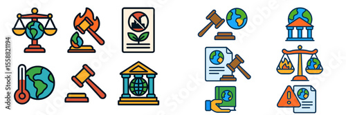 Legal symbols representing environmental justice and global awareness in a modern illustration emphasizing climate action