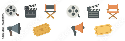 Film production tools and symbols representing the cinematic world in a modern design layout