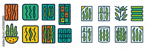 Colorful abstract designs with wavy patterns and geometric shapes featured in various colors and forms on a white background