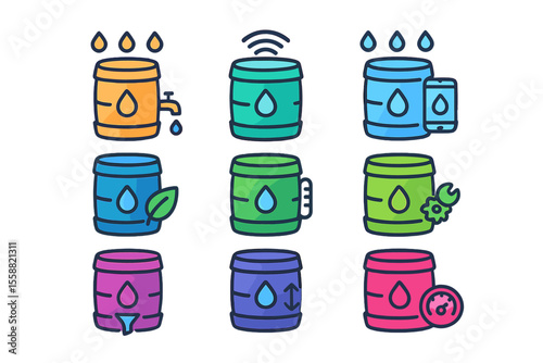 Different types of water barrels illustrating various features such as collection, monitoring, and filtration for sustainable practices