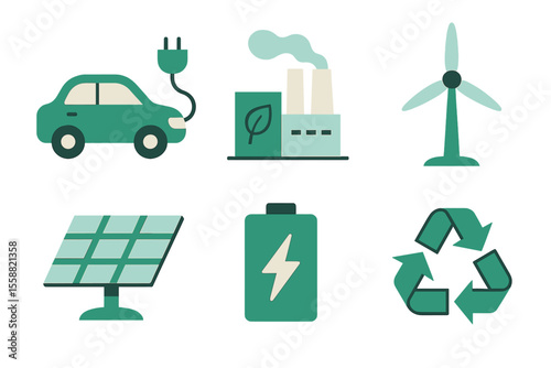 Renewable energy concepts illustrated with electric car, wind turbine, solar panels, and recycling symbols promoting sustainability