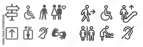Signs displaying accessibility and guidance symbols in a public space to assist various individuals