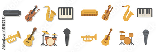 Musical instruments in a vibrant display showcasing various types of music tools and their distinctive designs