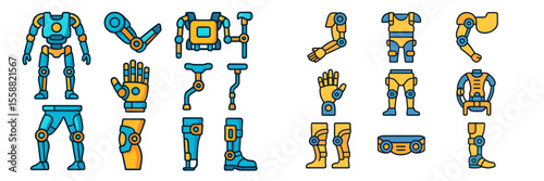 Various robotic components and limbs displayed in a colorful design, showcasing parts for robotic assembly