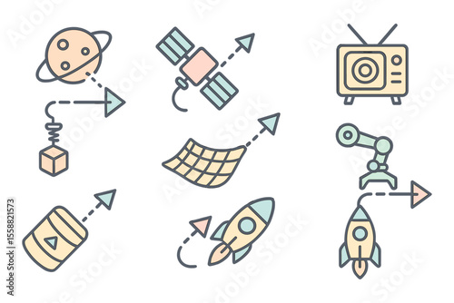 Innovative concepts of space exploration and communication technology illustrated with colorful icons and symbols