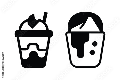 Two stylized black and white icons depicting refreshing iced beverages; a creamy frappe and a melting ice cream dessert; minimalist design, perfect for cafe menus, branding, and app interfaces.
