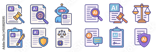 Visual representation of artificial intelligence concepts in law and documentation with icons depicting various legal aspects