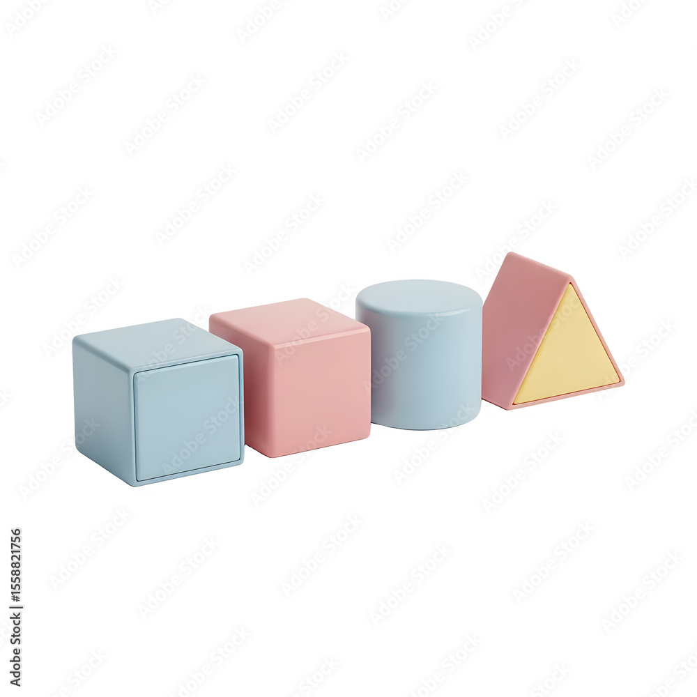 Obraz premium Pastel Geometric Shapes: Cube, Cylinder, Triangle Isolated