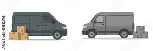Delivery vans parked beside cardboard boxes ready for loading in a logistics area during daylight hours
