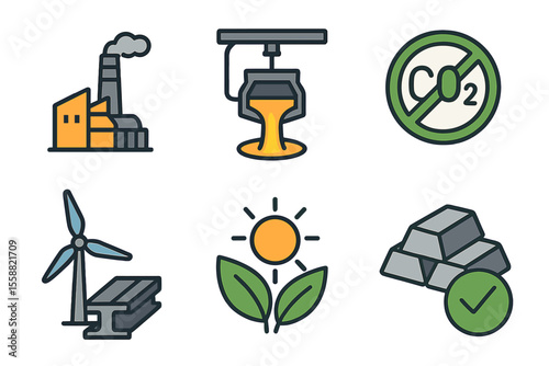 Environmental sustainability symbols represent renewable energy, industrial processes, and carbon reduction efforts
