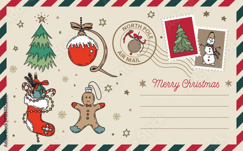 Christmas postcard, card with ball, hand drawn illustration.	