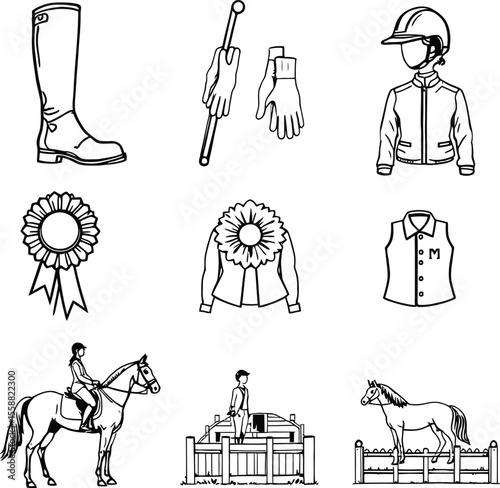 Equestrian Icons Expanded Vector Set Featuring Riding Gear, Awards, and Horseback Moments in Minimalist Style