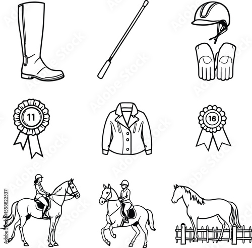 Equestrian Elements  Stylized Vector Set of Horse Riders, Gear, and Awards in a Cohesive Composition