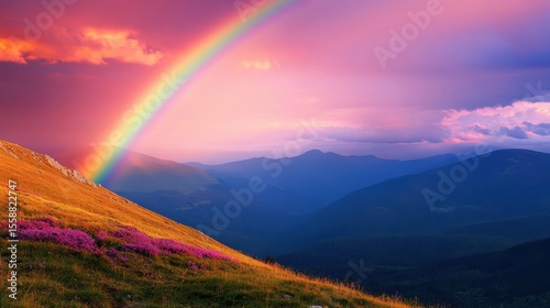 Fototapeta Naklejka Na Ścianę i Meble -  Vibrant Rainbow Arching Over Majestic Mountains at Sunset in Poland's Colorful Evening Sky