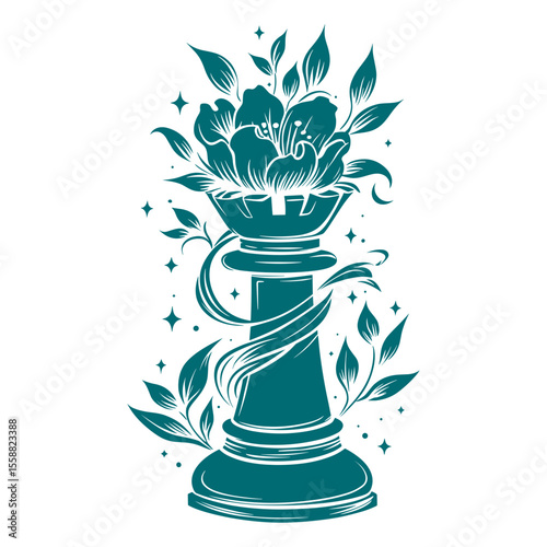 Chess piece queen with floral decoration and stardust effect. Chess club concept. Vector illustration for logo, badge, t-shirt